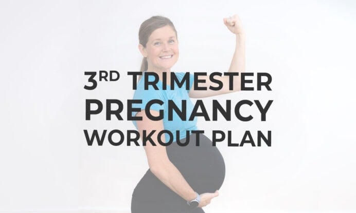 Third trimester pregnancy workout plan hero image featuring a pregnant woman performing a bicep flex