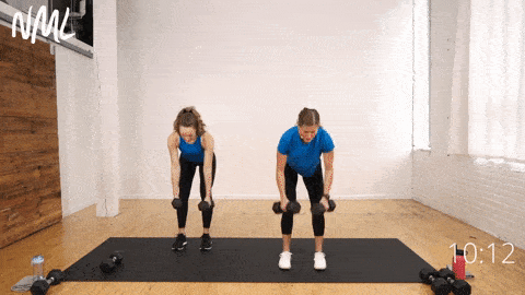 two women demonstrating how to do a back row and tricep kickback