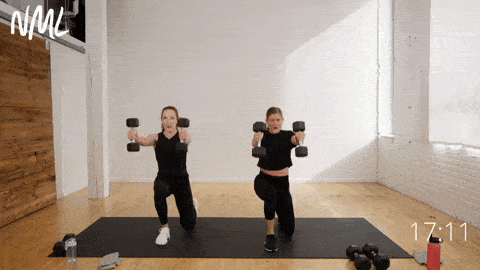 two women demonstrating split lunge and front raise combo