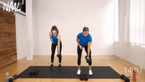 two women demonstrating how to do a back row, curl and dumbbell press