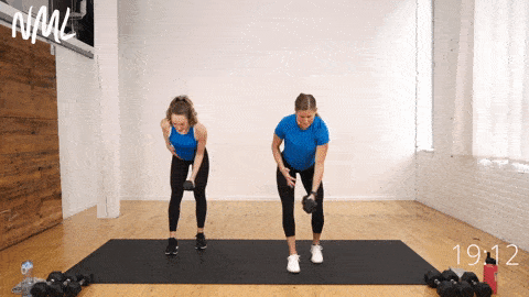 two women demonstrating a single arm back fly exercise as part of back and arm workout