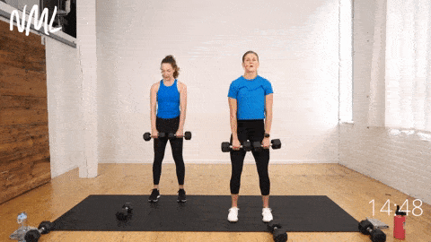 two women demonstrating an upright row exercise as example of shoulder exercise