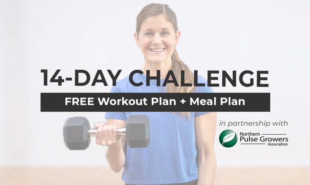2 week workout challenge image with text overlay describing workout and meal plan