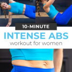 Pin for Pinterest of woman performing intense ab exercises at home