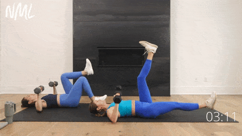 two women showing dumbbell chest press and leg lowers to target lower abs as part of 10 minute ab workout