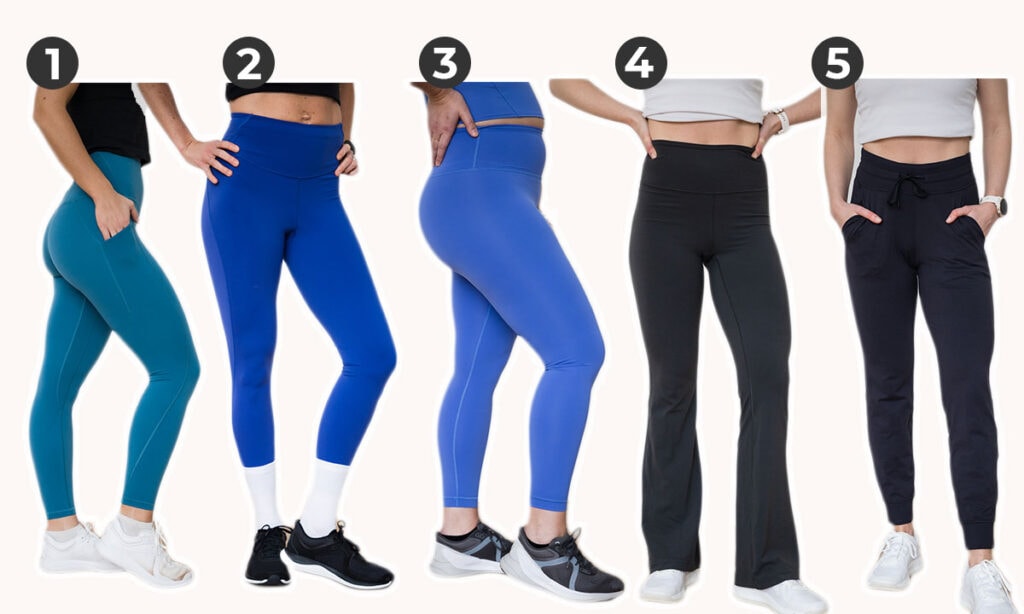 image showing five pairs of lululemon leggings as part of best lululemon leggings review post