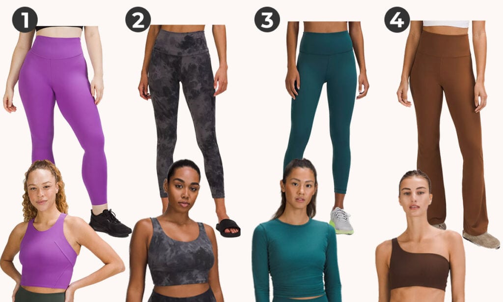 Four lululemon sets in a collage image