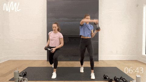 two women performing lunges with a halo as part of dumbbell strength training workout