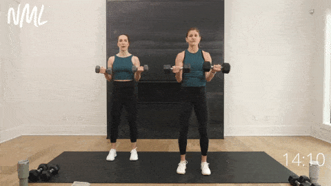 two women demonstrating how to perform a half curl and wide curl bicep exercises variations