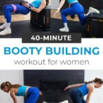 Pin for Pinterest of woman performing a glute workout at home