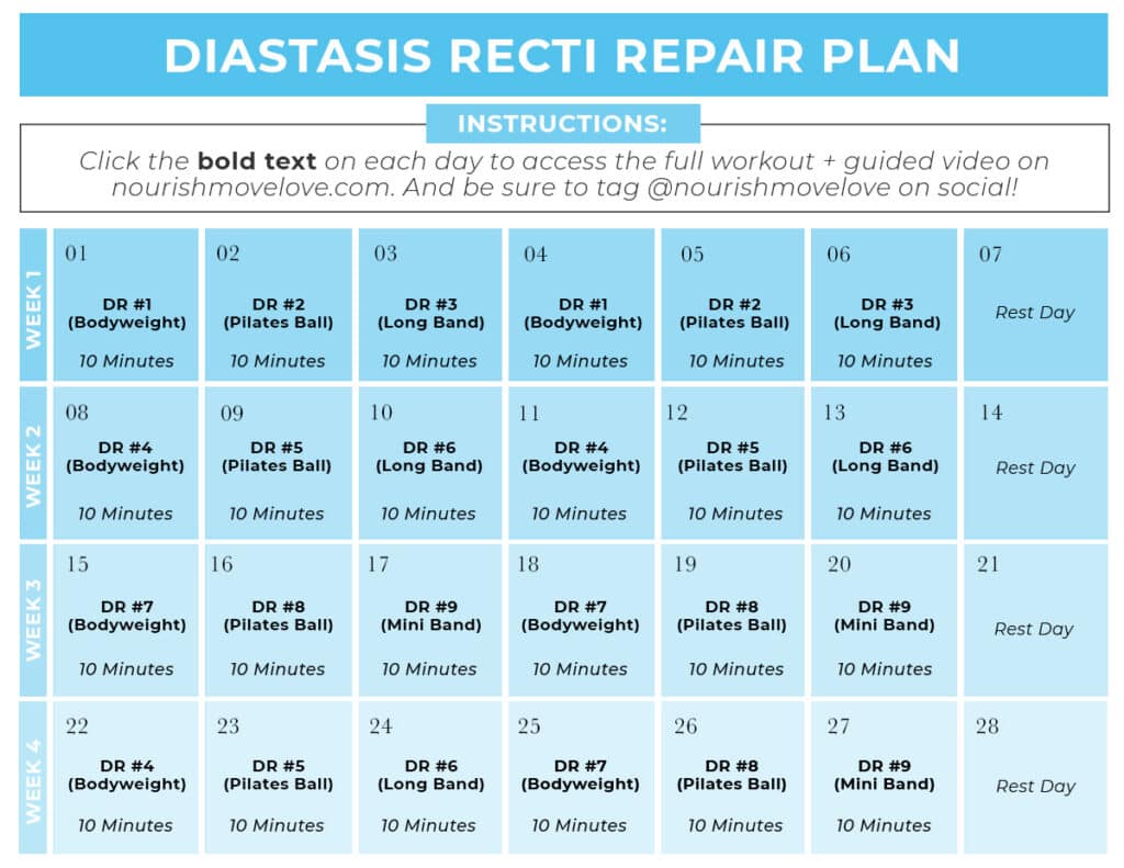 Diastasis Recti Repair Workout plan calendar graphic