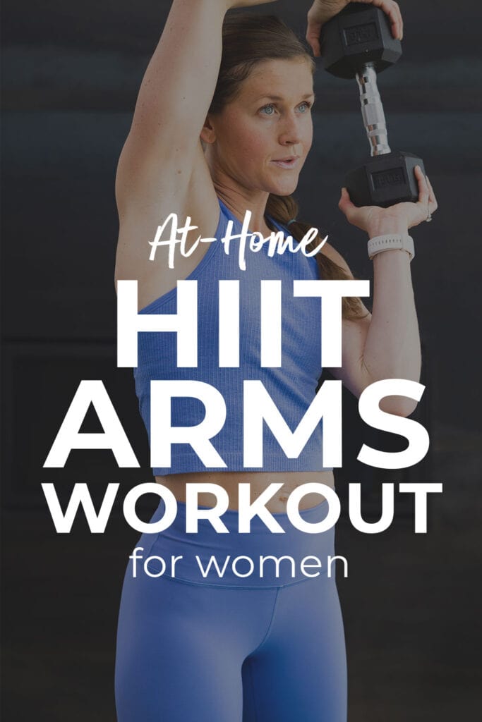 Decorative pin for pinterest - a woman performing a dumbbell halo with text overlay describing hiit arm workout for women