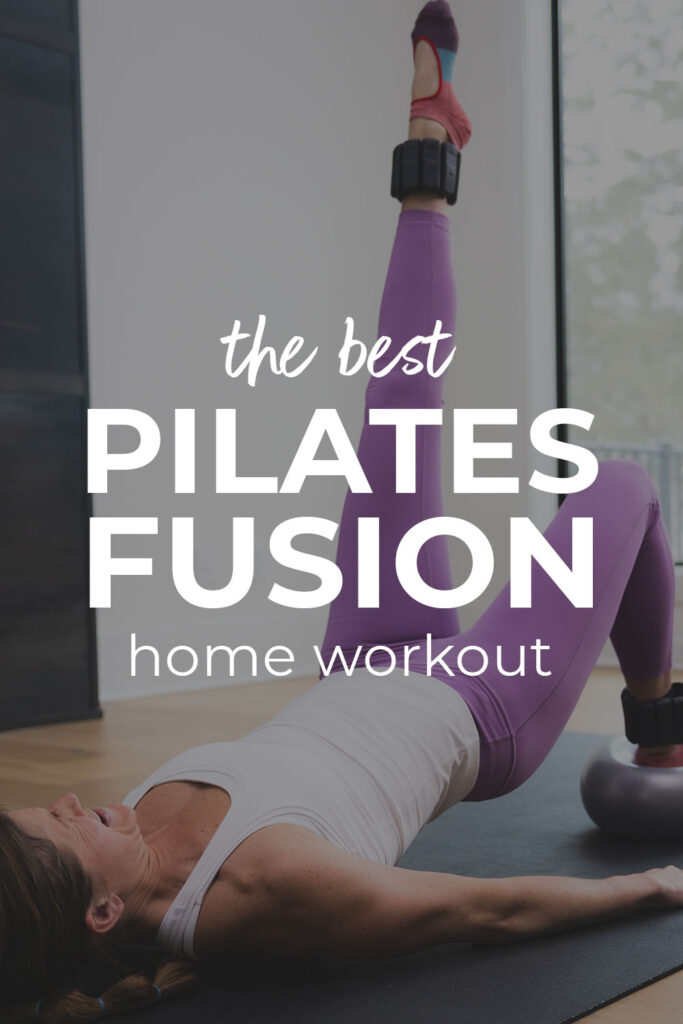 pin for pinterest - pilates fusion workout with image of woman doing a glute bridge