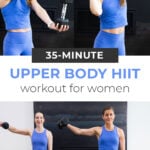 Decorative pin for pinterest - women performing a dumbbell hiit workout