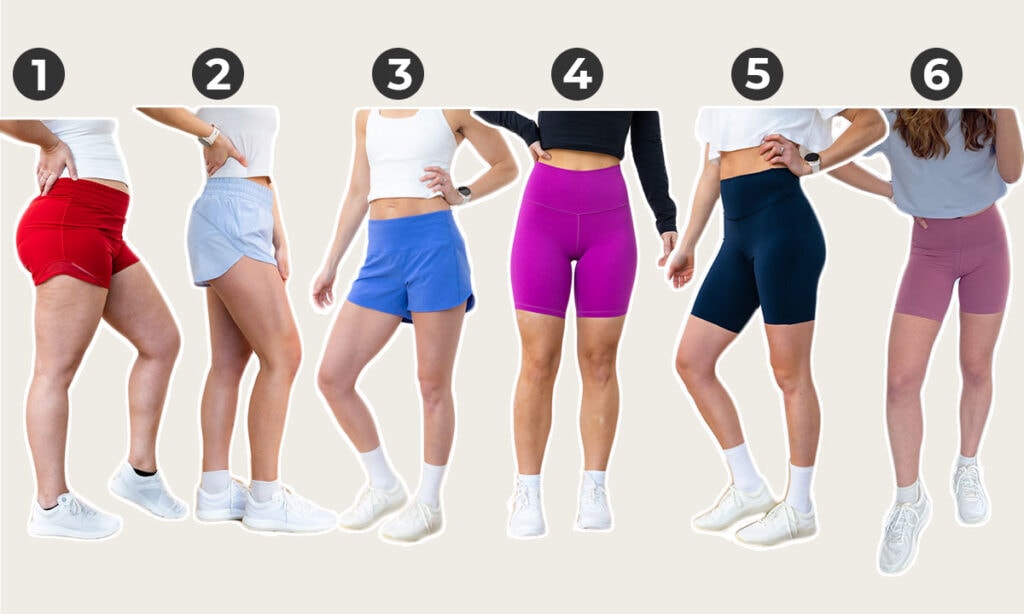 collage image showing the 6 best lululemon shorts 