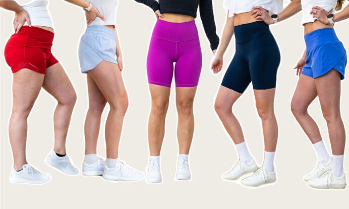 Close up image of five women's legs wearing lululemon shorts as part of review of best lululemon shorts