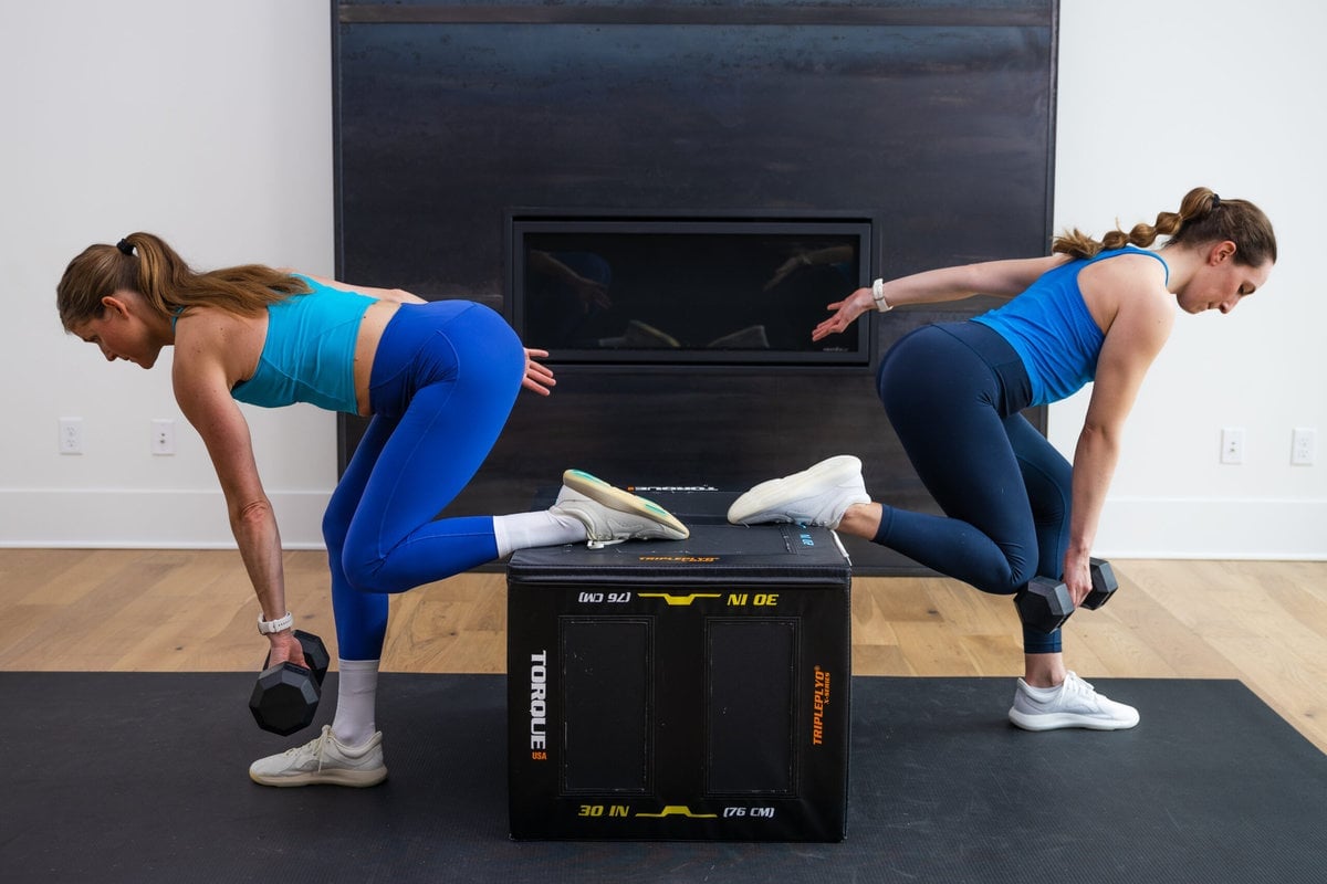 two women performing a single leg deadlift with one foot elevated as part of glute workout for women