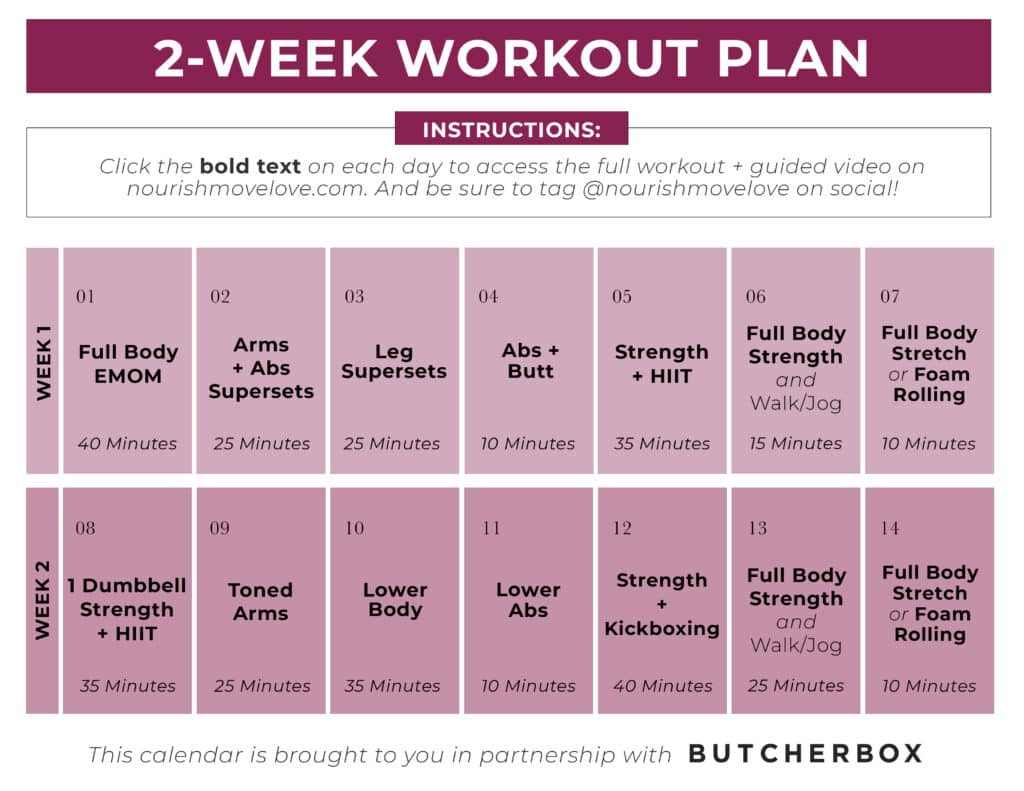 2 Week fitness challenge calendar graphic with 14 days of workouts outlined 