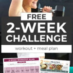 Pin for pinterest - woman completing 2 week fitness challenge with workout and meal plan