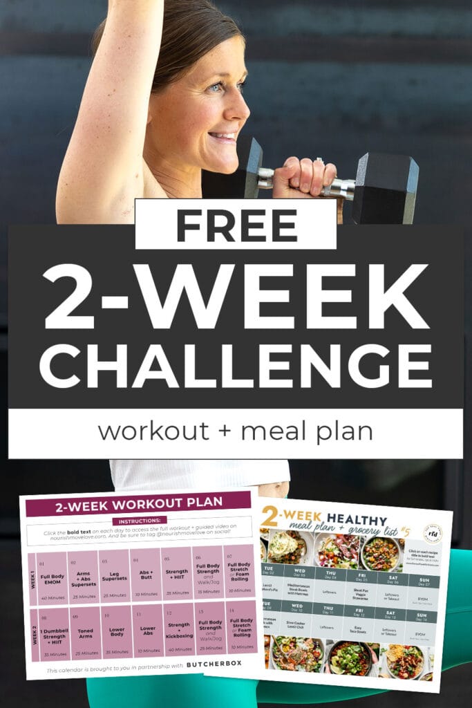 Pin for pinterest - woman completing 2 week fitness challenge with workout and meal plan