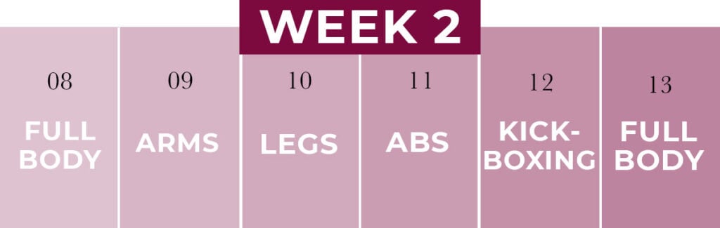 Calendar image of week 2 of 2 week fitness challenge #14 with 6 days of workouts and one rest day