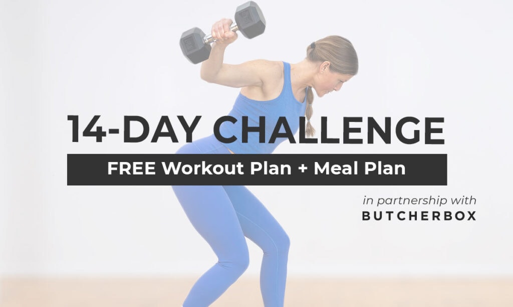 Woman performing a back fly with text overlay describing 2 week fitness challenge and free meal plan
