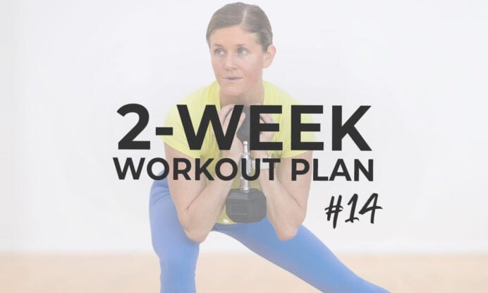 Woman performing lateral squat with text overlay describing 2 week fitness challenge #14