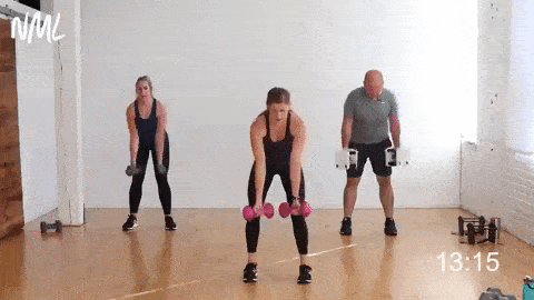 three people performing a three way dumbbell back row in a total body workout at home