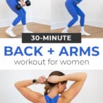 Pin for Pinterest back workout for women - shows woman performing a single arm back fly with dumbbells
