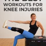 Pin for pinterest - image showing women in knee brace with text overlay describing best workouts for knee injuries