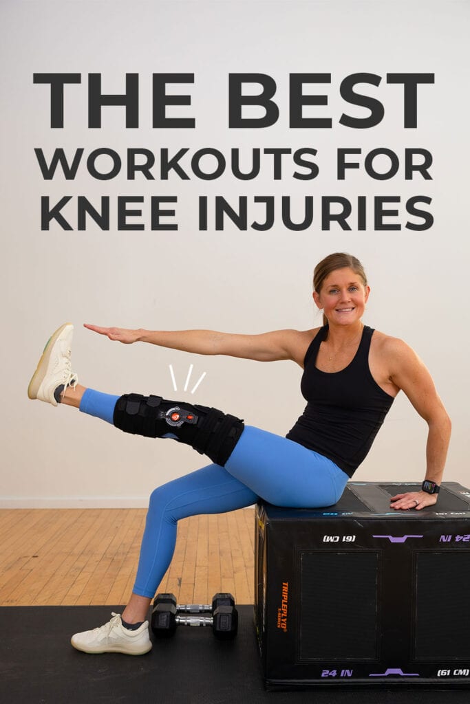 Pin for pinterest - image showing women in knee brace with text overlay describing best workouts for knee injuries