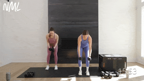 two women performing dumbbell back flys as part of back workout at home for women