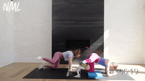 two women performing a lateral leg lift and pulse from a quadruped position as part of abs and butt workout at home