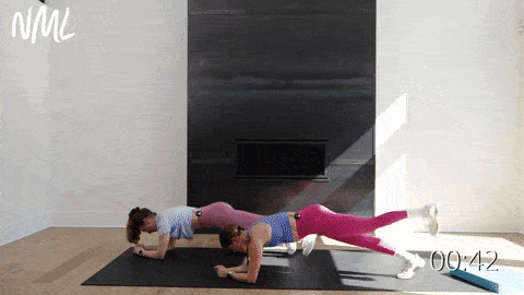 two women performing a low plank with a single leg lift as part of abs and butt workout for women