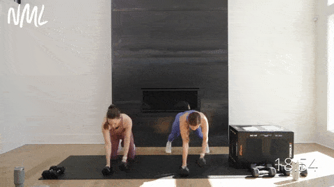 two women performing different versions of a renegade row or plank and row exercise