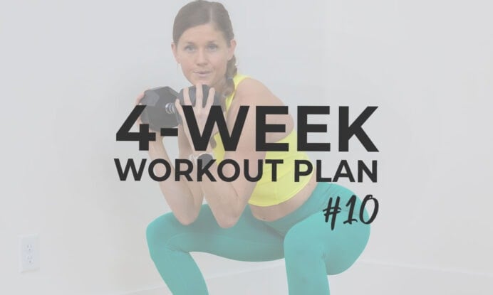 Woman performing a squat with a dumbbell as part of four week workout plan