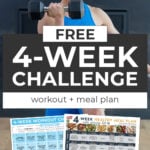 Pin for pinterest - image of woman performing a kneeling bicep curl with text overlay of workout calendar and meal plan pdf