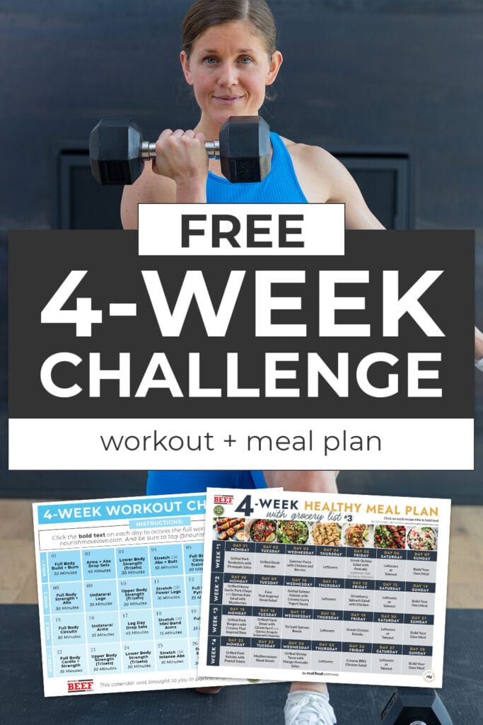 Pin for pinterest - image of woman performing a kneeling bicep curl with text overlay of workout calendar and meal plan pdf