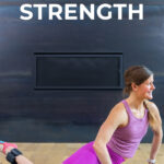 Pin for Pinterest of woman performing ankle weight exercises in a barre workout