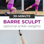 Pin for Pinterest of woman performing ankle weight exercises in a barre workout