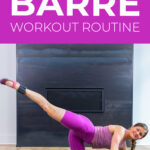 Pin for Pinterest of woman performing ankle weight exercises in a barre workout