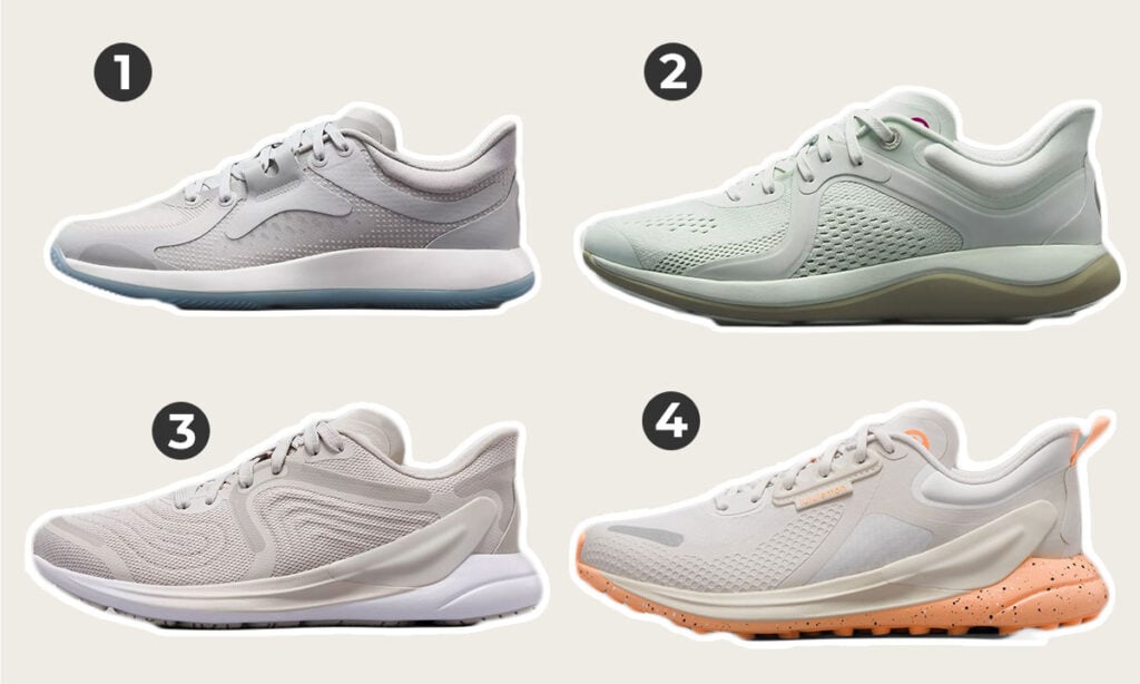 Image of 4 lululemon sneakers including the blissfeel running shoes, chargefeel training shoes, strongfeel lifting shoes and trail running shoes