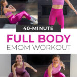 Pin for Pinterest of woman performing full body exercises in an EMOM workout