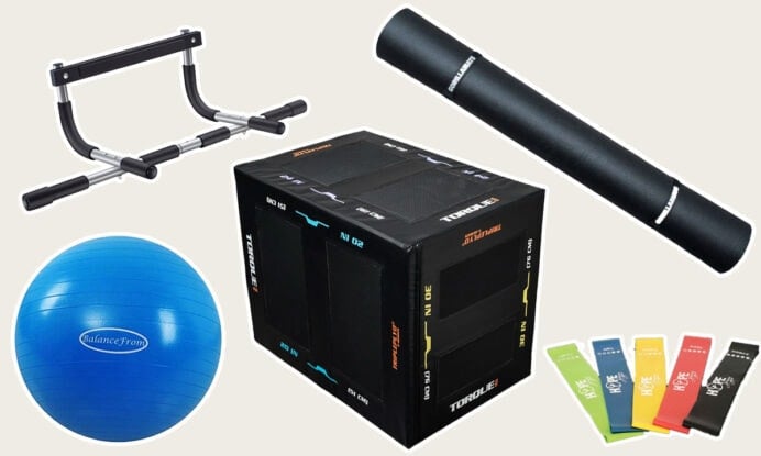 Best exercise equipment including pull up bar, plyo box/bench. extra large yoga mat, mini loop resistance bands, and exercise ball.