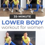 Pin for Pinterest of woman performing leg exercises with dumbbells