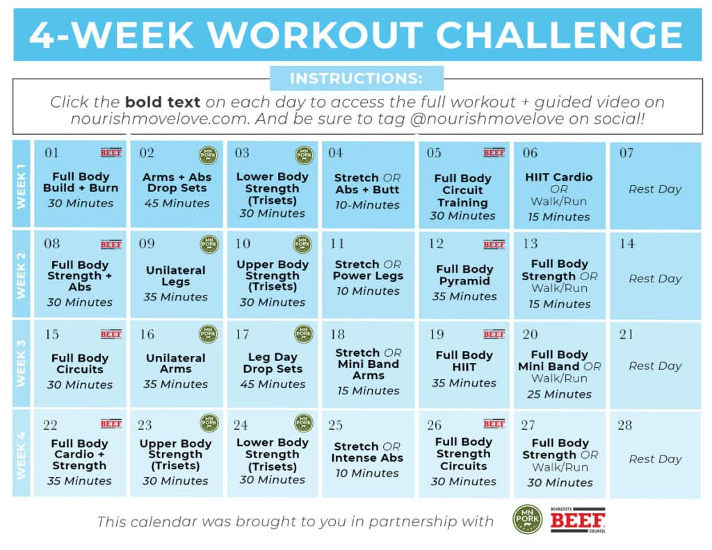 Calendar Image of 4 week workout plan with daily workouts linked in graphic