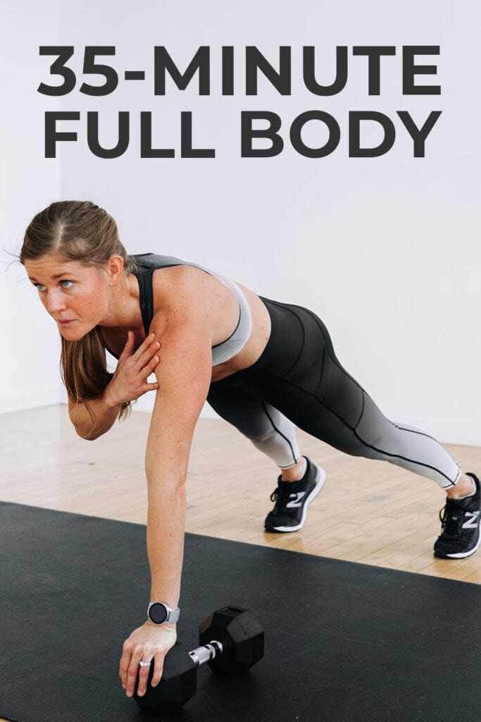 Pin for pinterest - woman performing push up and shoulder tap as part of One Dumbbell Workout for women