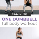 Pin for Pinterest of woman performing strength and HIIT exercises in a one dumbbell workout
