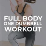 Pin for Pinterest of woman performing strength and HIIT exercises in a one dumbbell workout