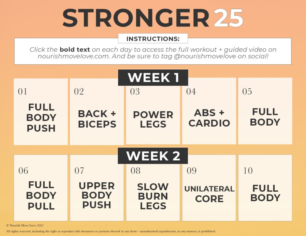 Strength Training Program workout calendar PDF with clickable links to daily workouts